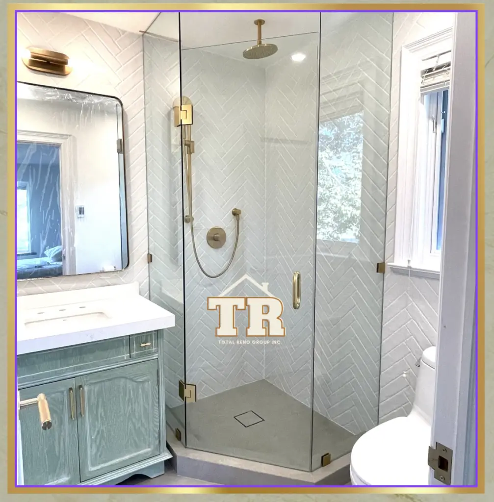 Small Ensuite Bathroom with Full Herringbone Wall Subway Tiles